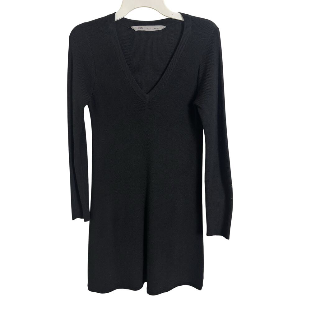Athleta Merino Wool Blend Black Mini Sweater Dress V-Neck Size Small LBD Cozy